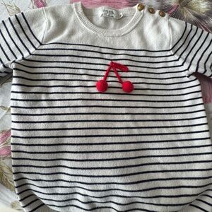 Bonpoint Navy Striped Sweater with Red Cherry Accent